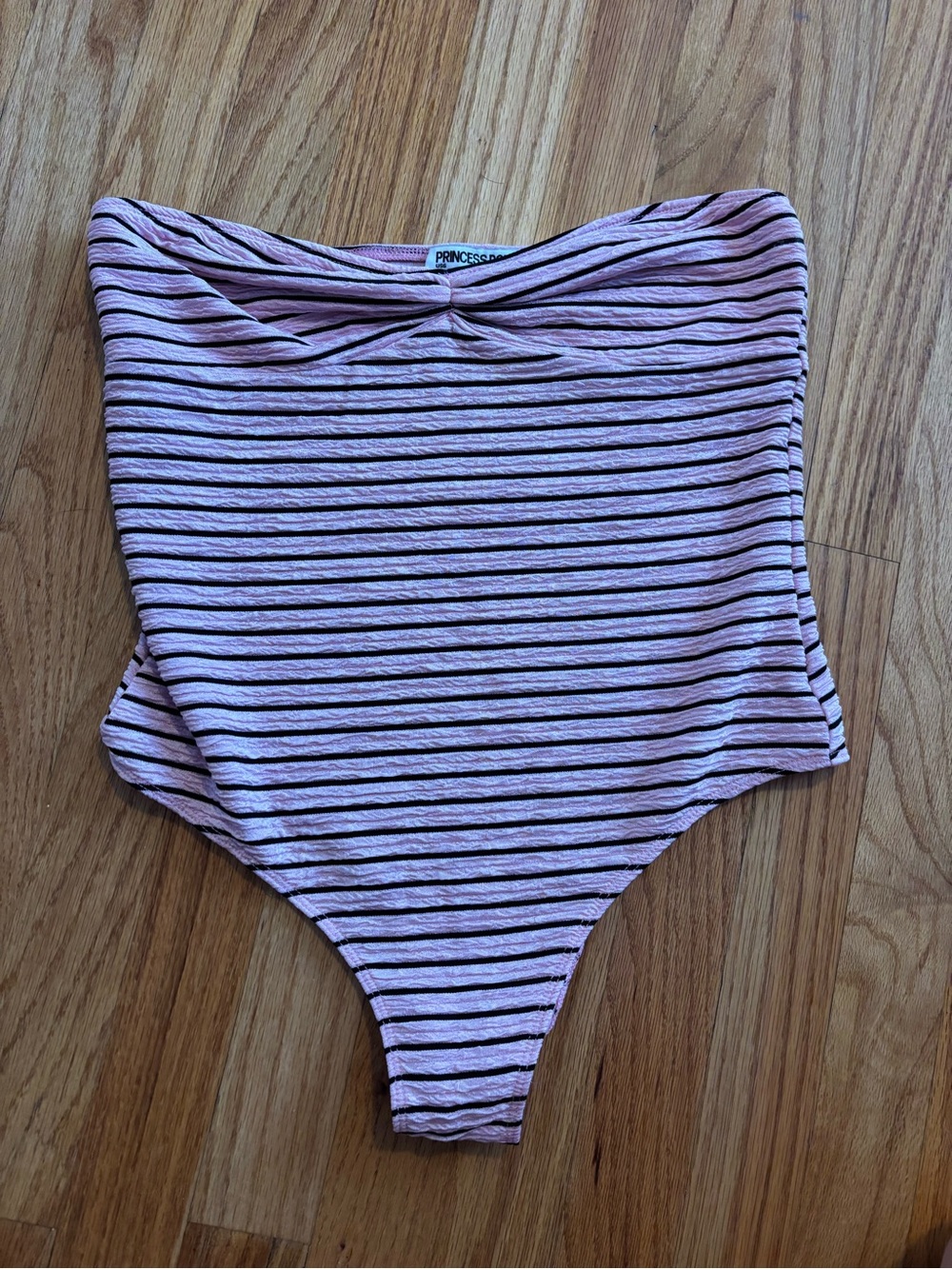 Princess Polly Pink and Black Striped Twist-Front Strapless Bodysuit
